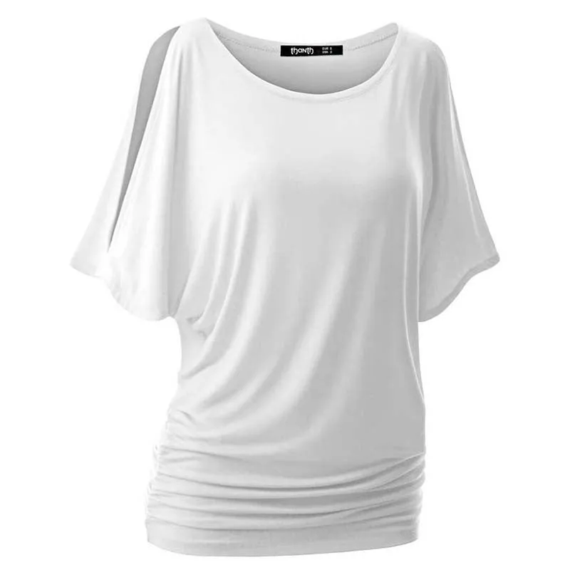 Plus size Fall Women Loose Casual Solid Cotton Blend Halft Sleeve Crewneck Cut Out Off Shoulder Top NW