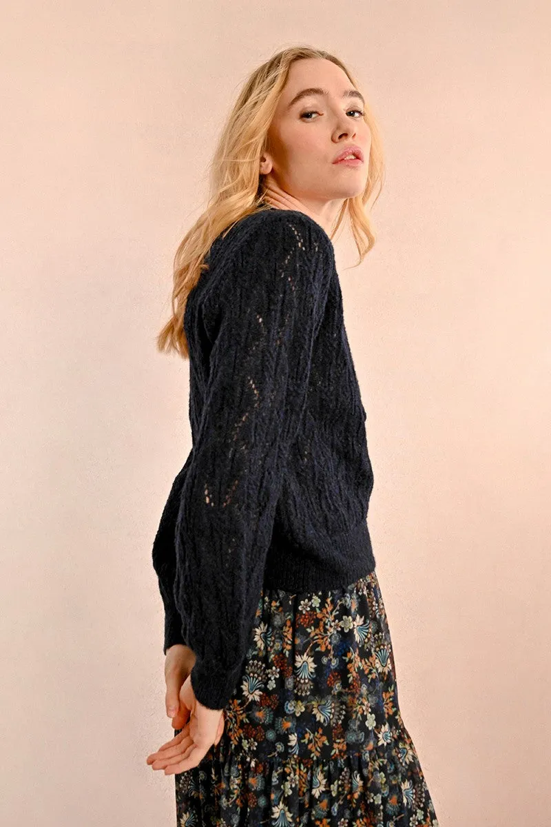 POINTELLE KNIT WRAPOVER EFFECT SWEATER