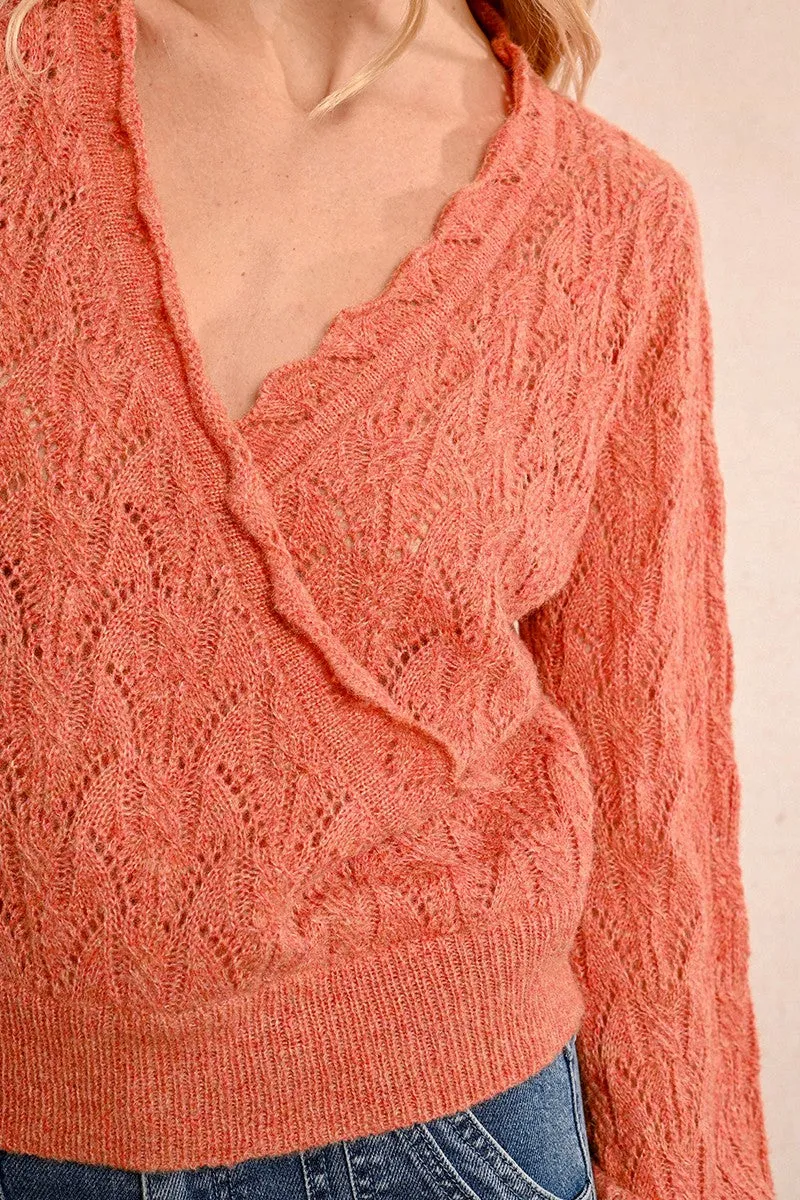 POINTELLE KNIT WRAPOVER EFFECT SWEATER