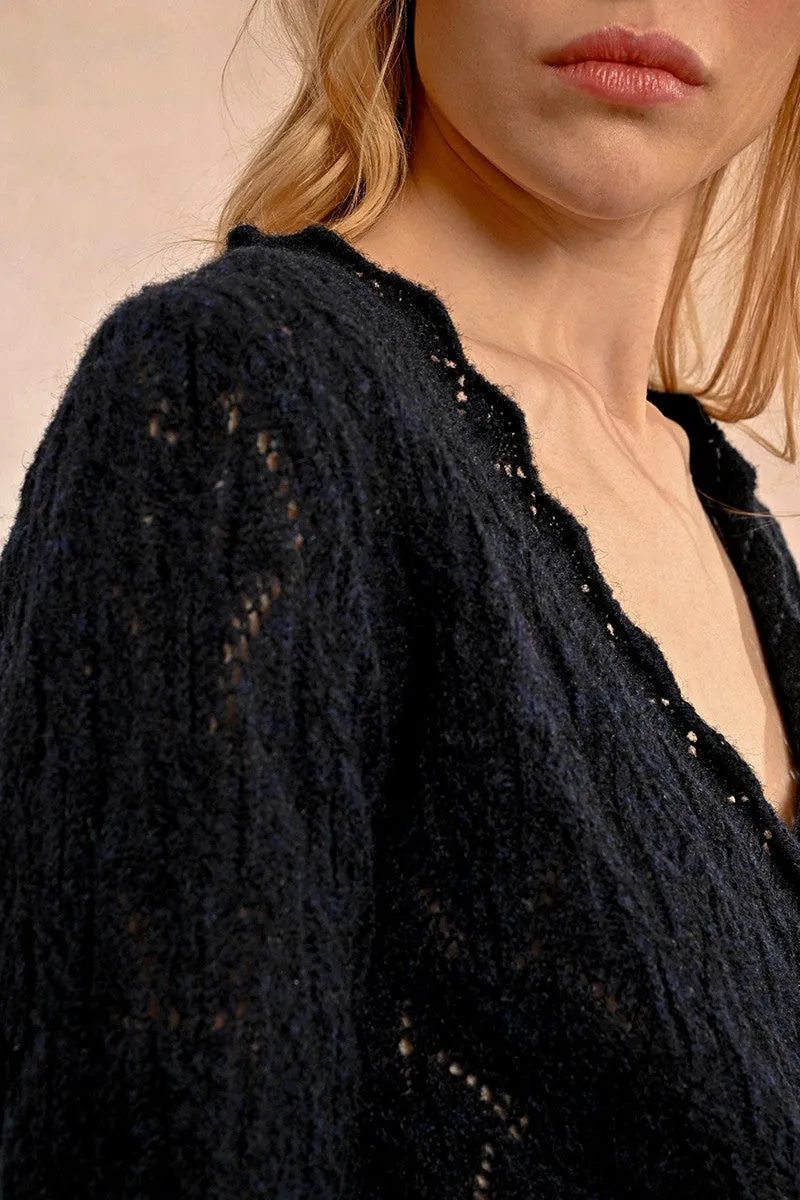 POINTELLE KNIT WRAPOVER EFFECT SWEATER