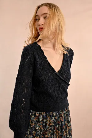 POINTELLE KNIT WRAPOVER EFFECT SWEATER