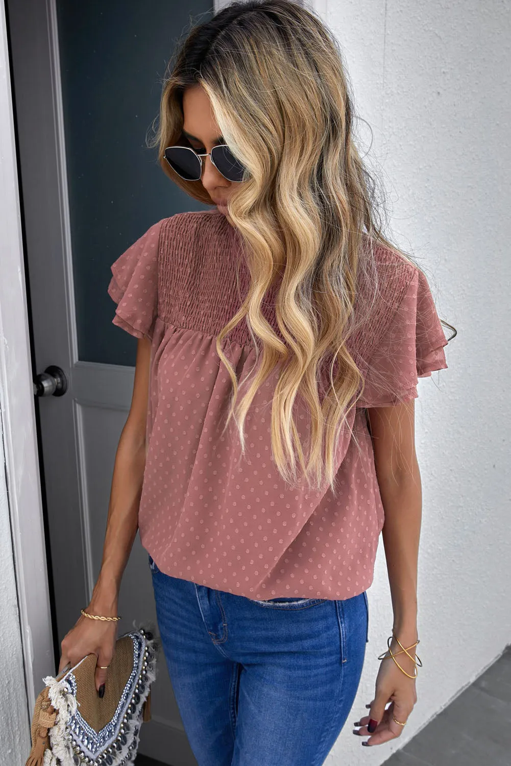 Polkadot Smocked Flutter Mouw Blouse