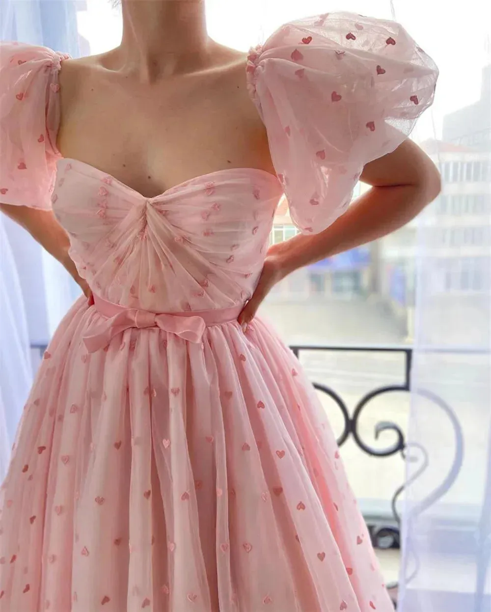 Princess A-line Evening Dresses Puffy Sleeve Prom Dress Baby Pink Party Dresses Sweet Heart Shape Robe De Soirée