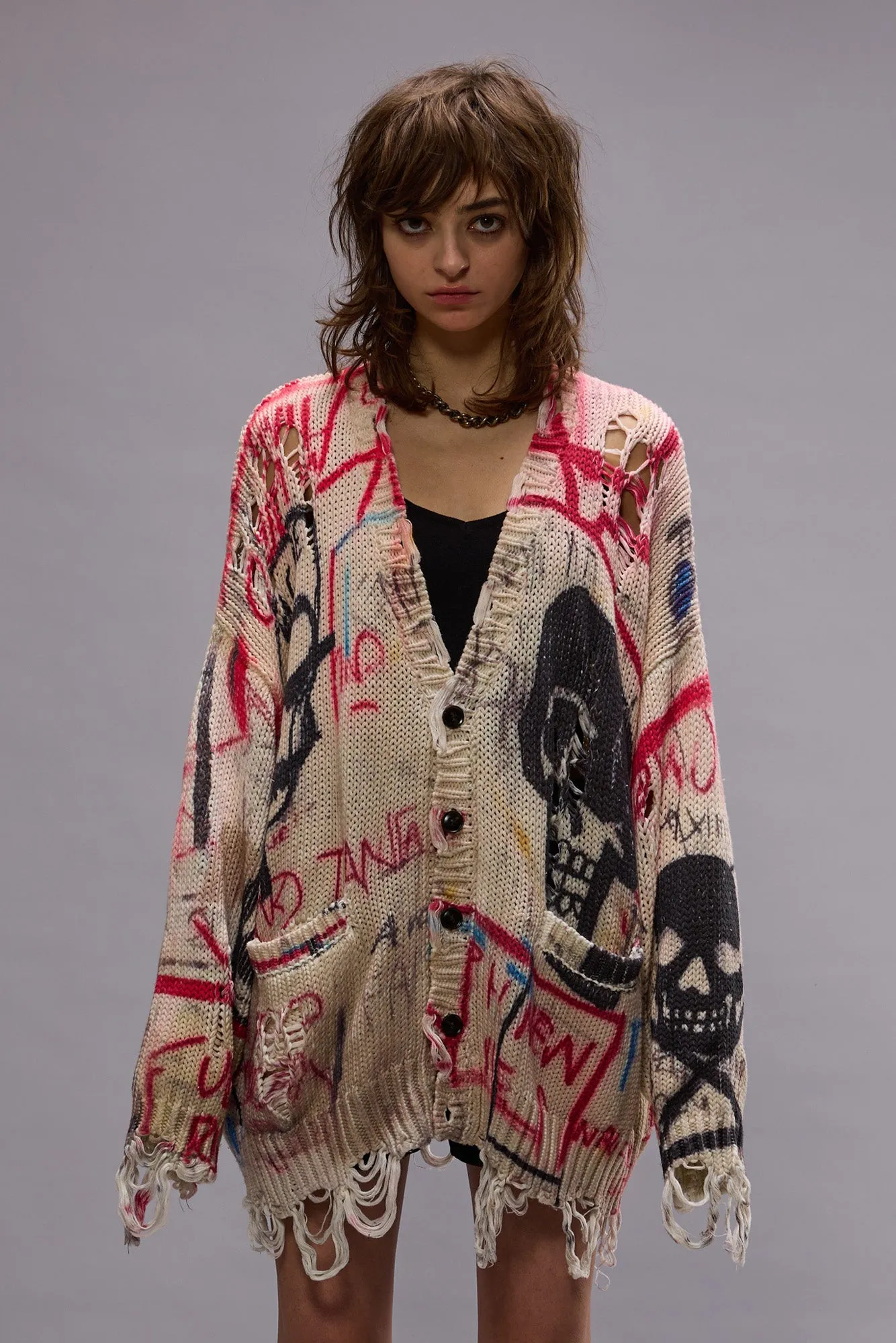 PRINTED OVERSIZED CARDIGAN - SKULL GRAFFITI PRINT