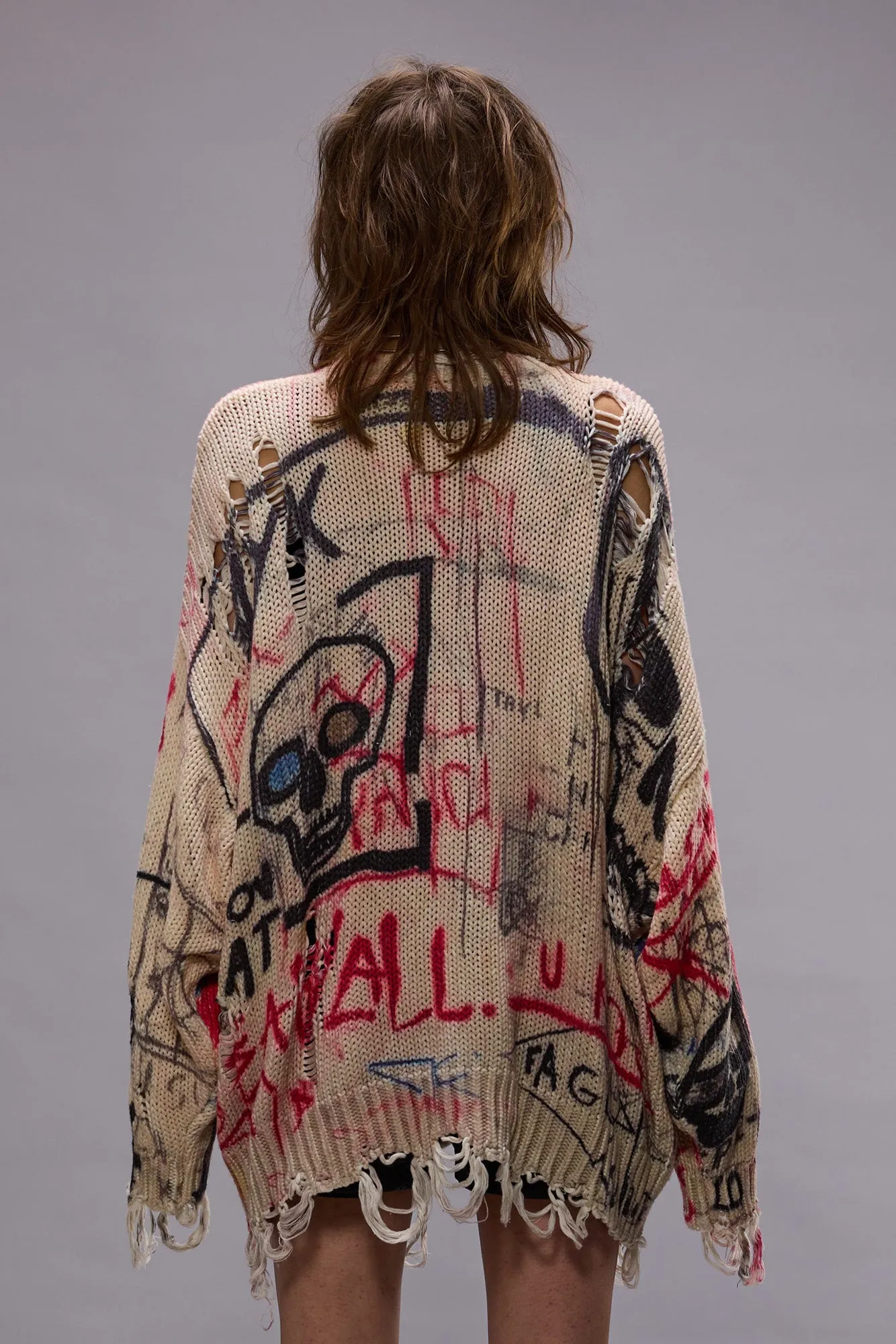 PRINTED OVERSIZED CARDIGAN - SKULL GRAFFITI PRINT