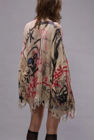 PRINTED OVERSIZED CARDIGAN - SKULL GRAFFITI PRINT