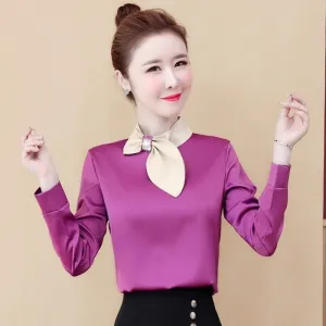 Purple long sleeve satin blouse with beige bow
