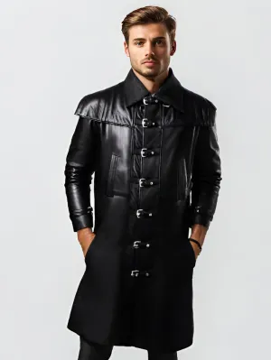 Quilted Gun Flap Leather Trench Coat for Men