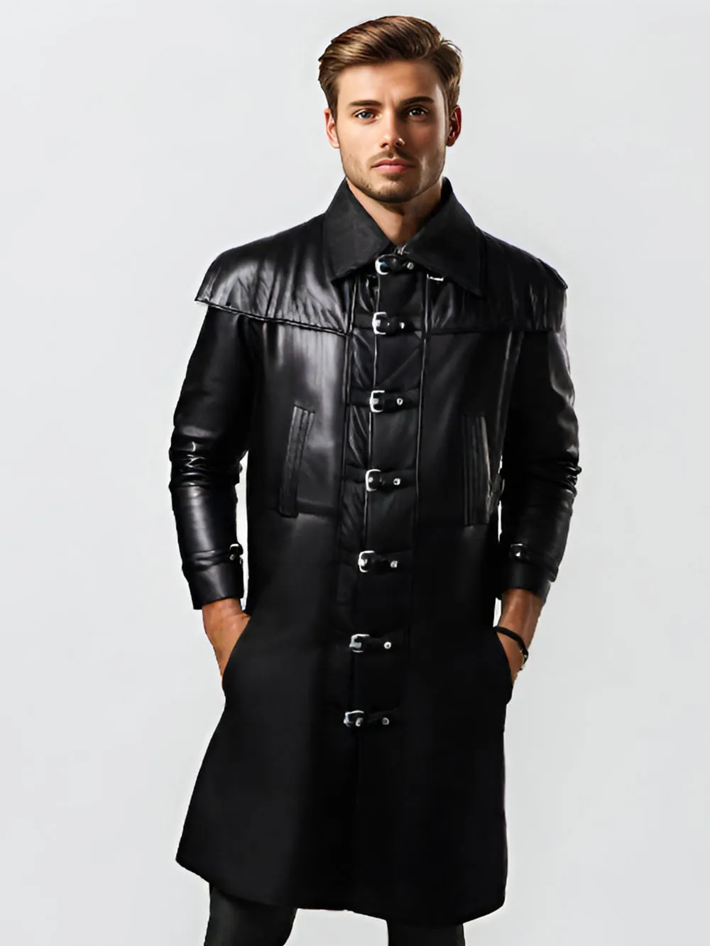 Quilted Gun Flap Leather Trench Coat for Men