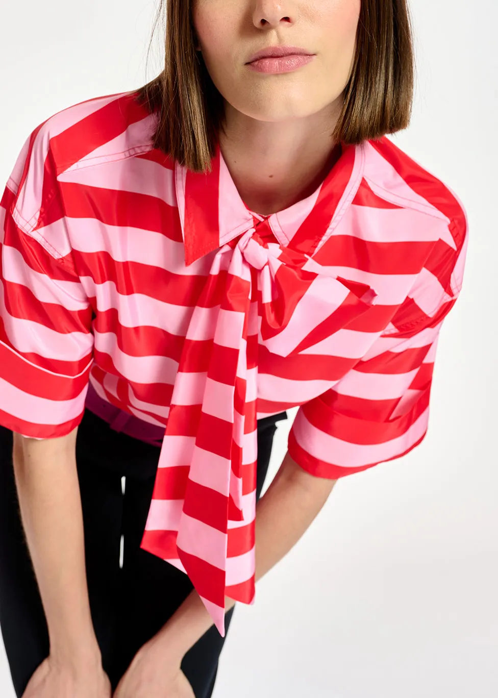 Red and pink striped shirt with pussy bow