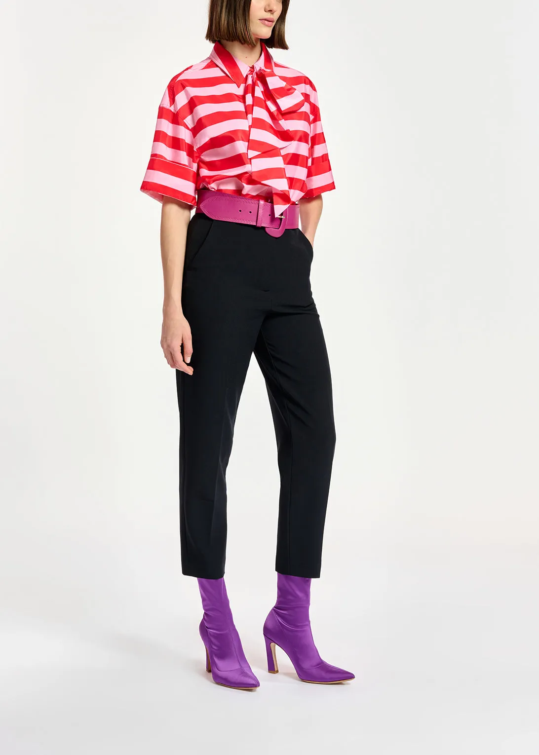 Red and pink striped shirt with pussy bow