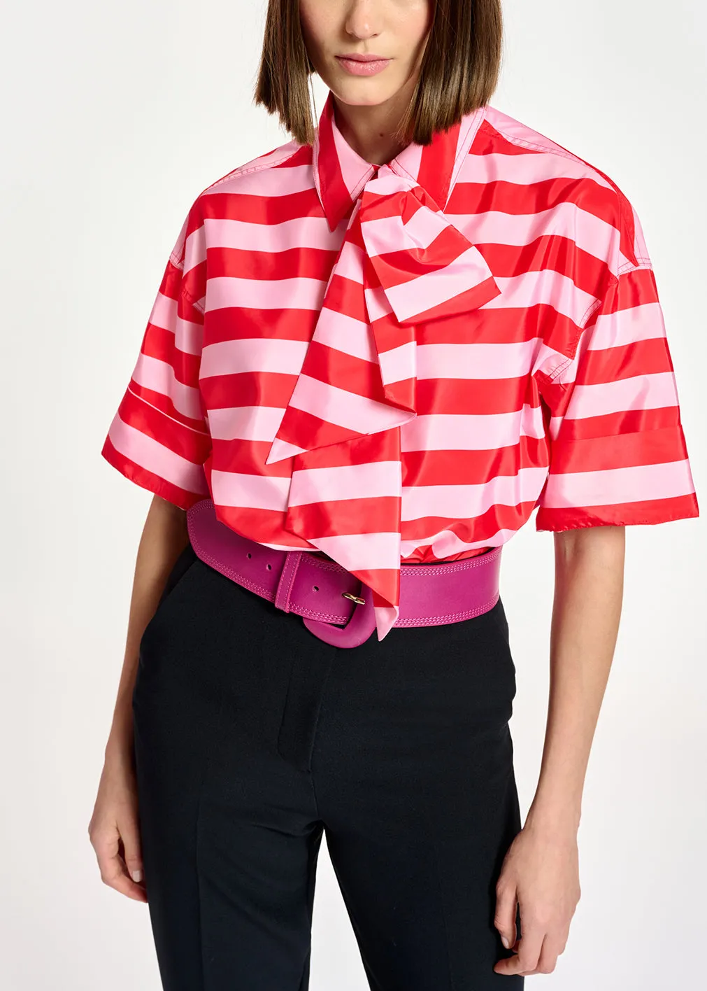Red and pink striped shirt with pussy bow