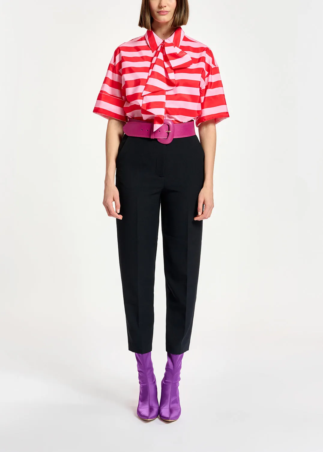 Red and pink striped shirt with pussy bow