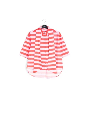 Red and pink striped shirt with pussy bow