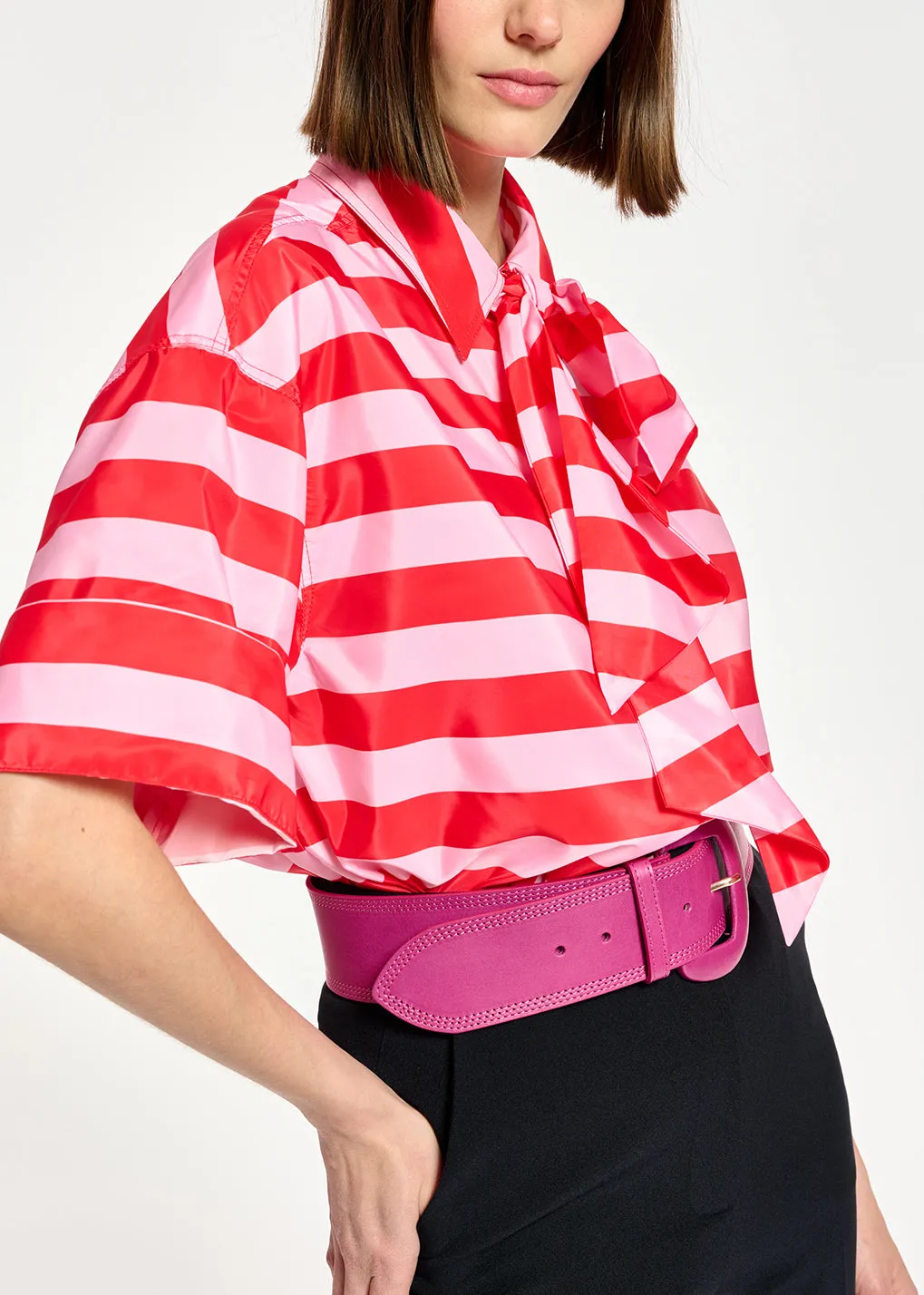 Red and pink striped shirt with pussy bow