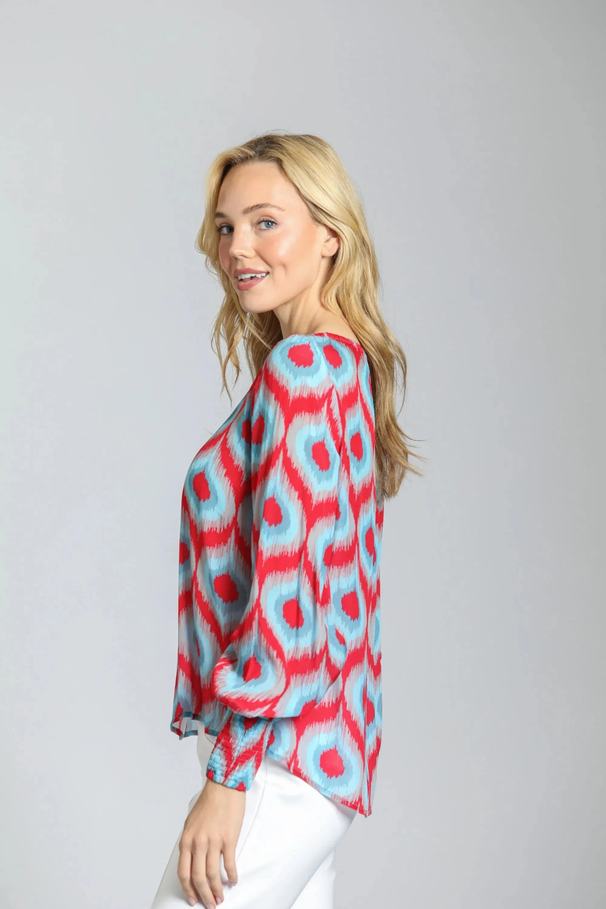Red Multi Blouse with Smocked Cuff