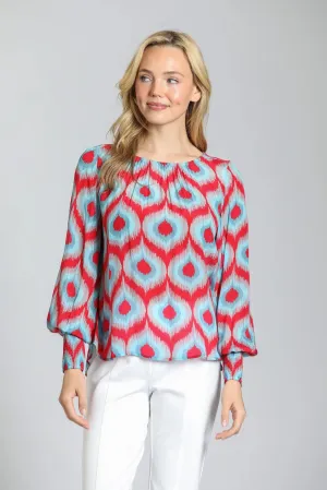 Red Multi Blouse with Smocked Cuff