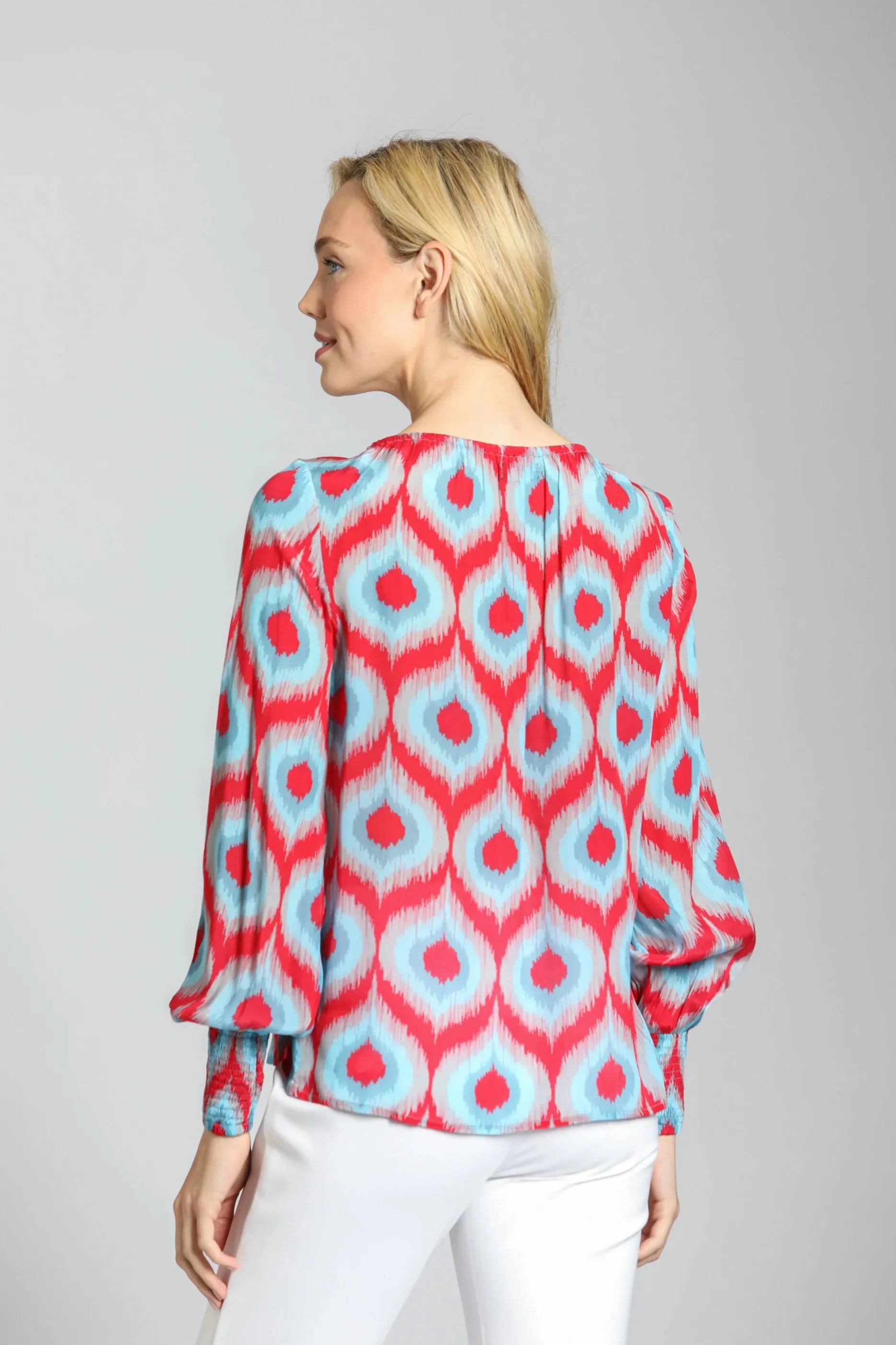 Red Multi Blouse with Smocked Cuff
