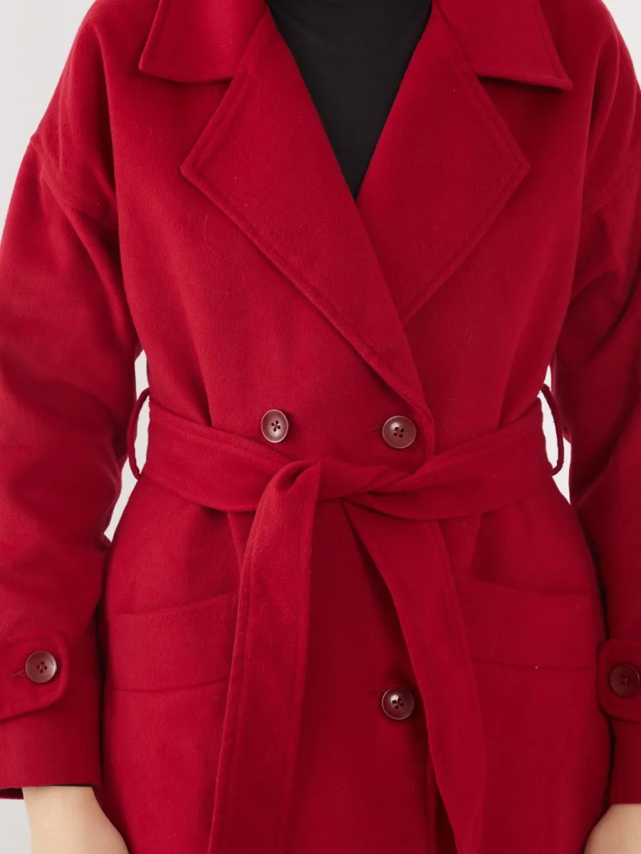 Red Solid Trench Coat