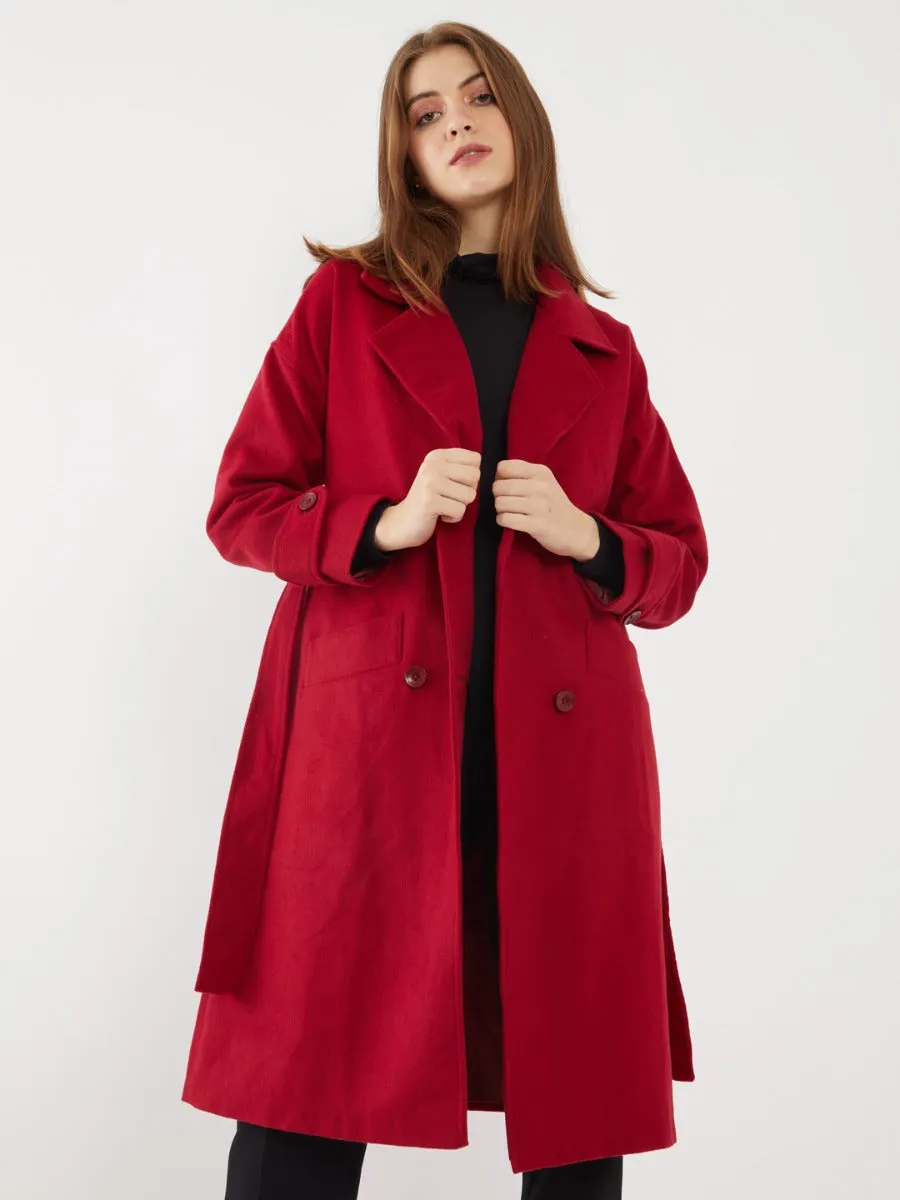 Red Solid Trench Coat