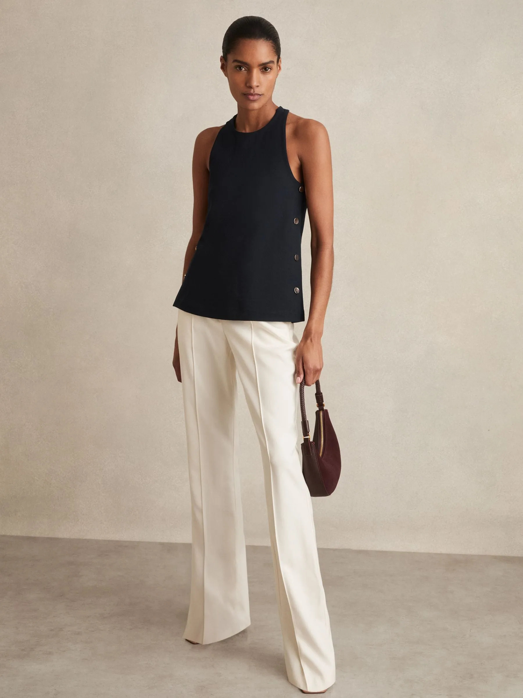 Reiss Button Side Sleeveless Top in Navy