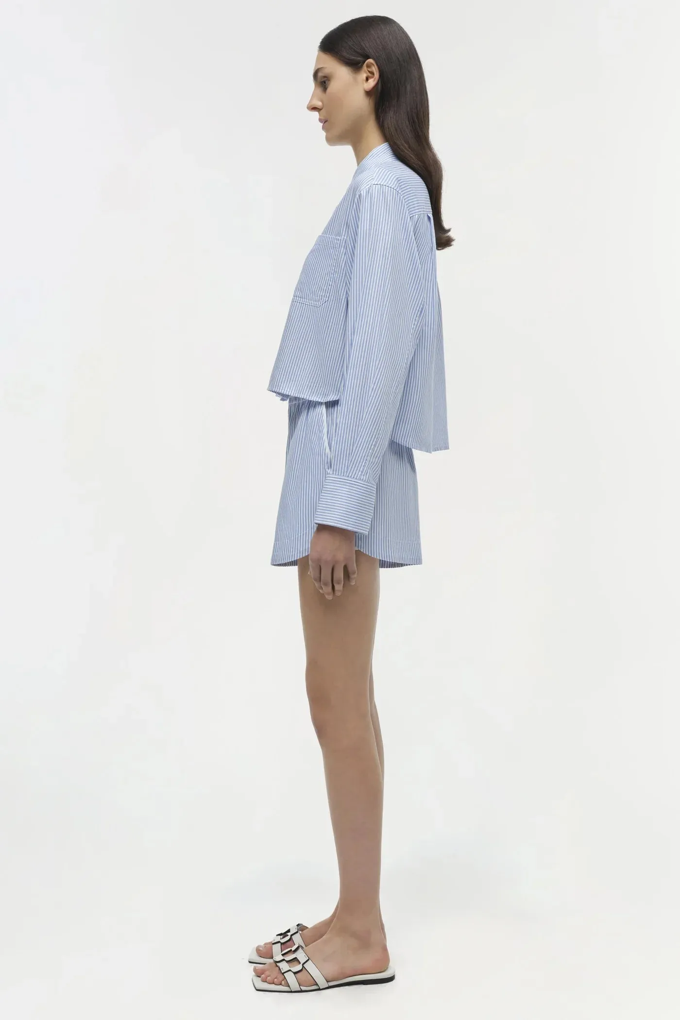 Renata Long Sleeve Cropped Shirt - Blue Hydrangea Stripe