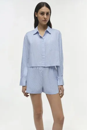 Renata Long Sleeve Cropped Shirt - Blue Hydrangea Stripe