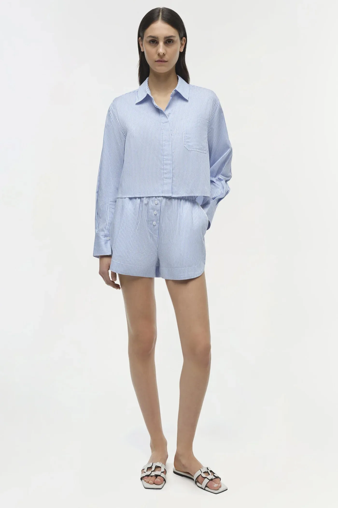 Renata Long Sleeve Cropped Shirt - Blue Hydrangea Stripe