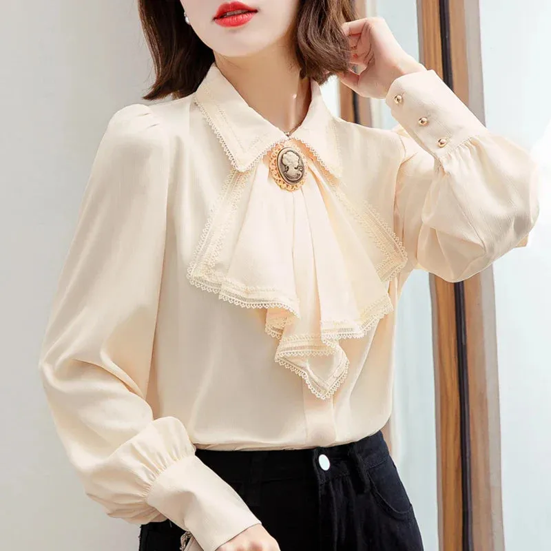 Retro Blue Chiffon Blouse Autumn Spring Bowknot Workwear OL Tops Elegant Women Long sleeve Lace shirt