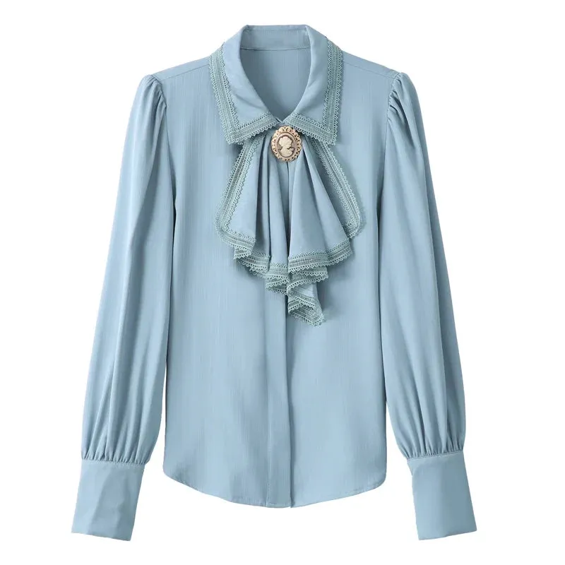 Retro Blue Chiffon Blouse Autumn Spring Bowknot Workwear OL Tops Elegant Women Long sleeve Lace shirt