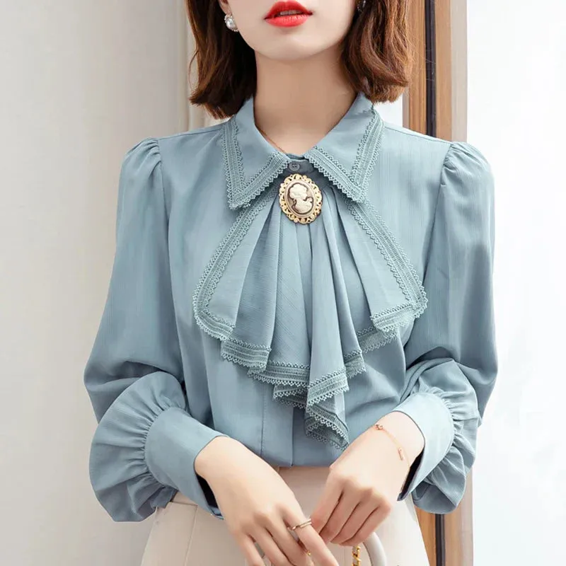 Retro Blue Chiffon Blouse Autumn Spring Bowknot Workwear OL Tops Elegant Women Long sleeve Lace shirt