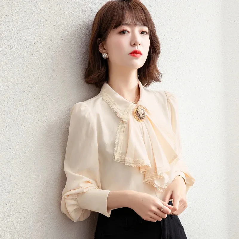 Retro Blue Chiffon Blouse Autumn Spring Bowknot Workwear OL Tops Elegant Women Long sleeve Lace shirt