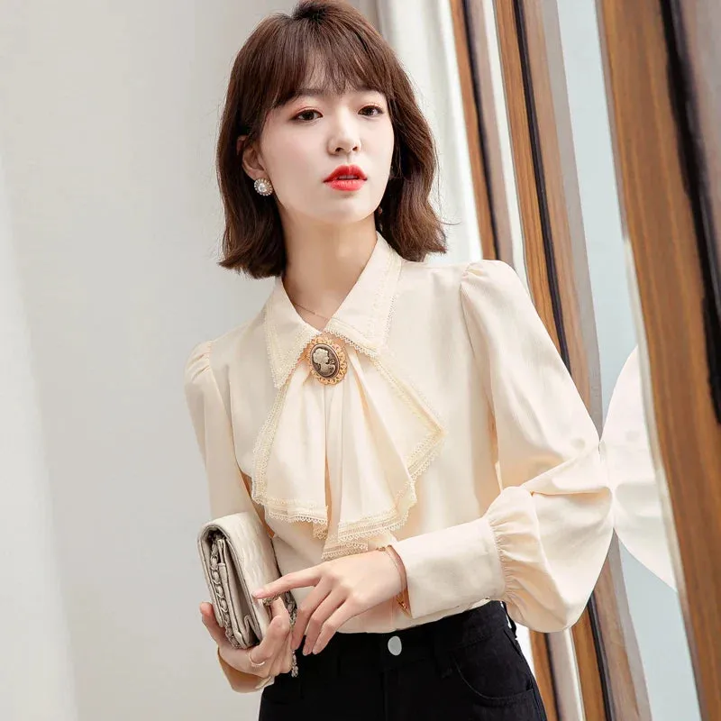 Retro Blue Chiffon Blouse Autumn Spring Bowknot Workwear OL Tops Elegant Women Long sleeve Lace shirt