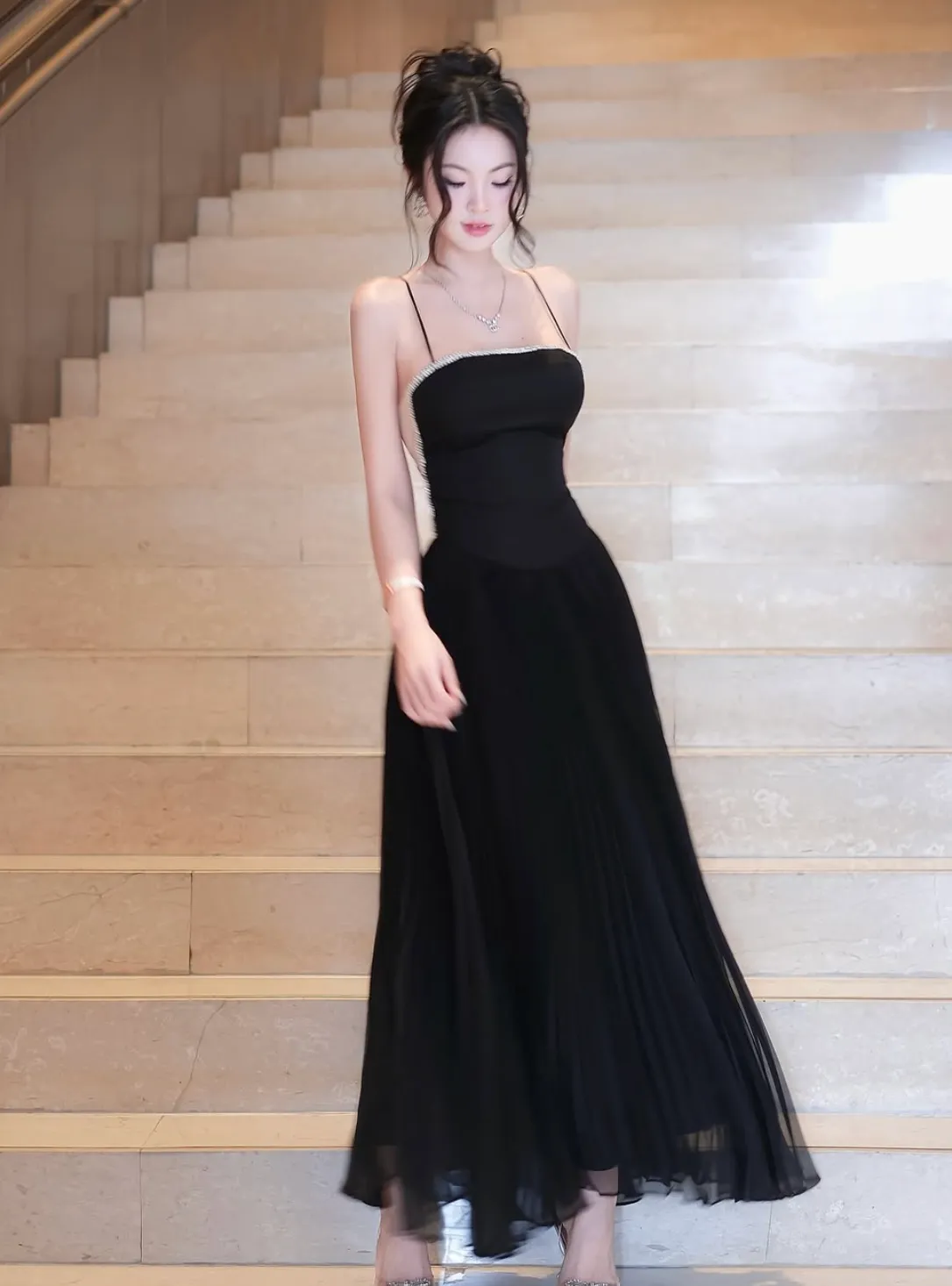 Royal Black A Line Pleated Bustier Maxi Dress