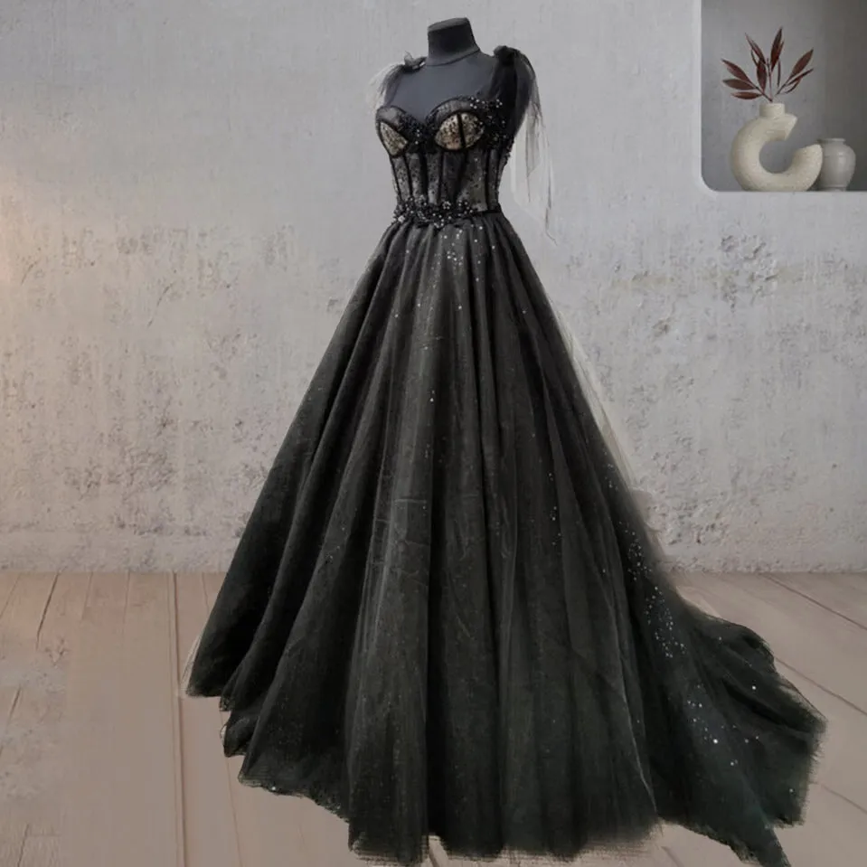 Roycebridal Glitter Lace Tulle Sweetheart Corset Court Black Wedding Dress