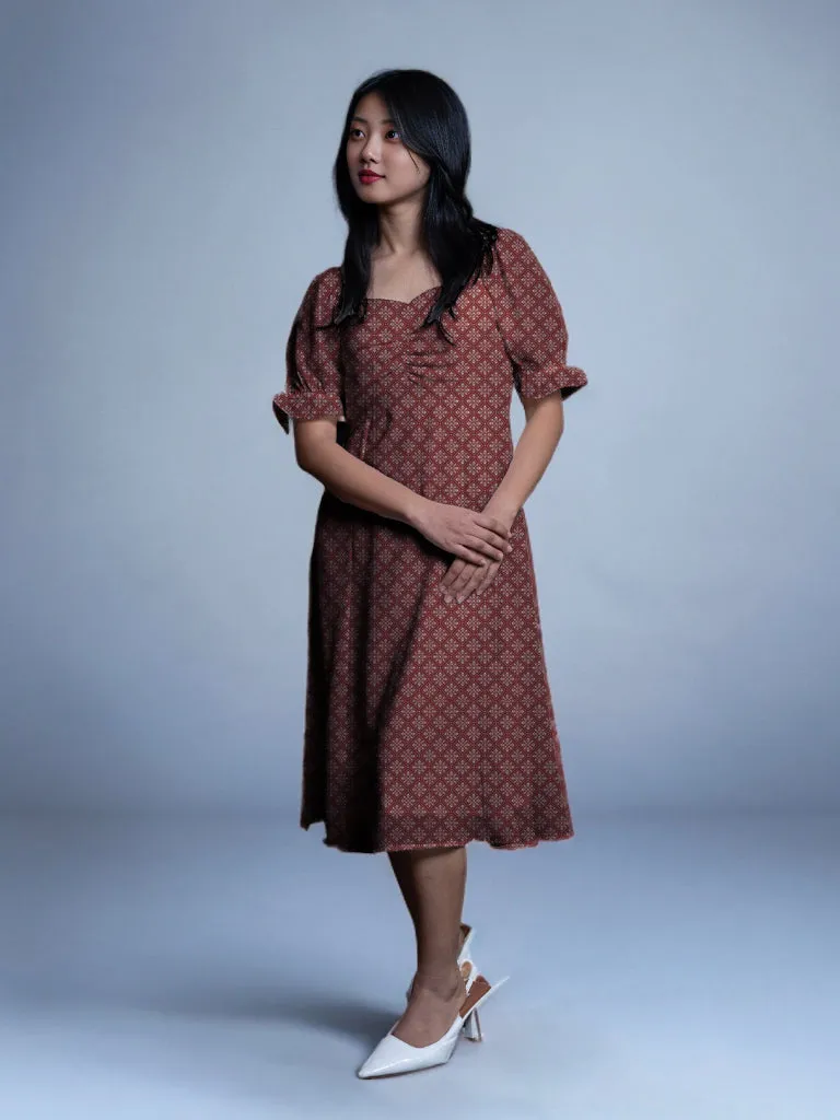 Rust Floral Print A-Line Midi Dress