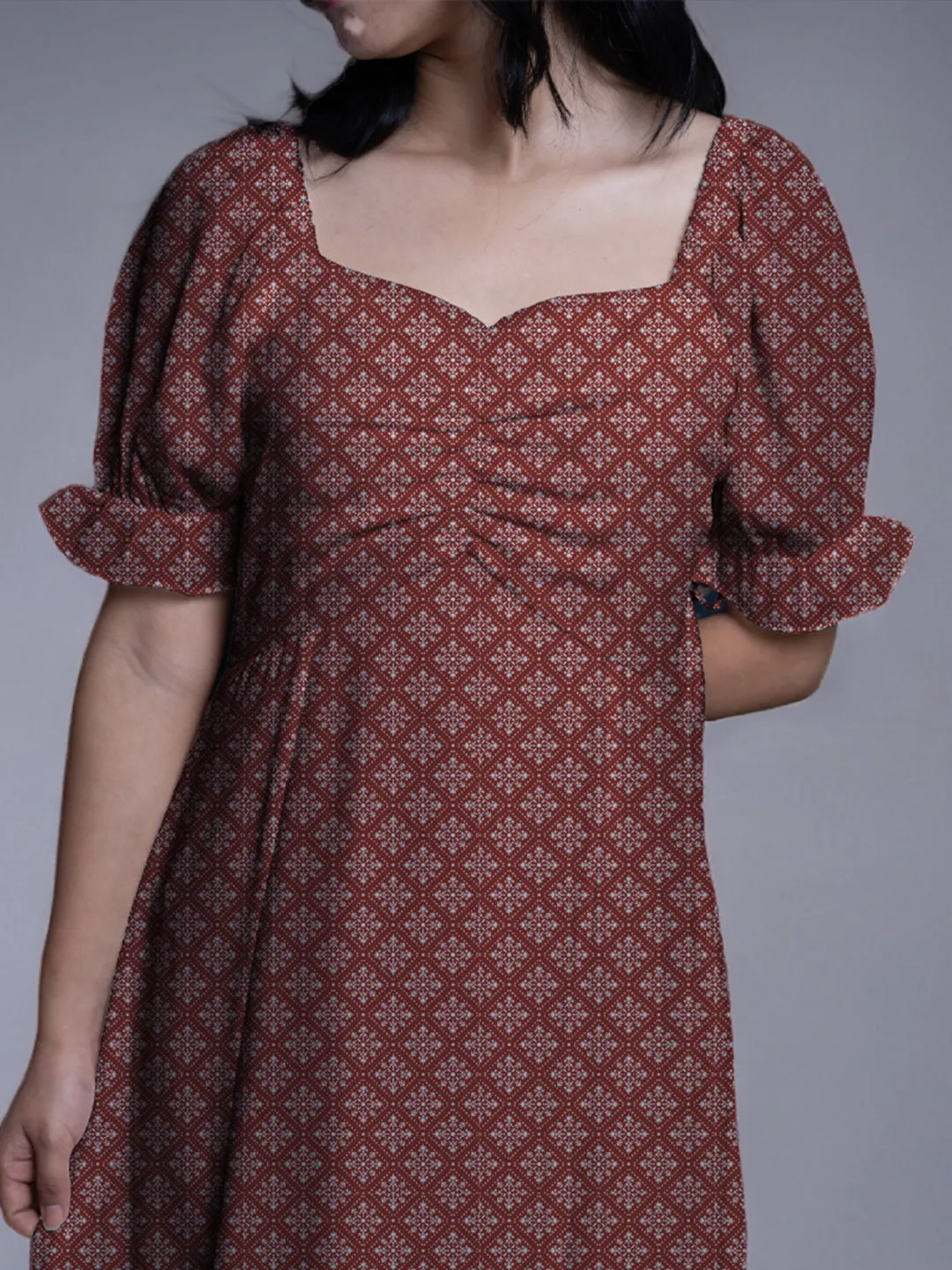 Rust Floral Print A-Line Midi Dress