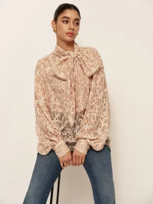 Semi-Sheer Bow-Front Lace Blouse