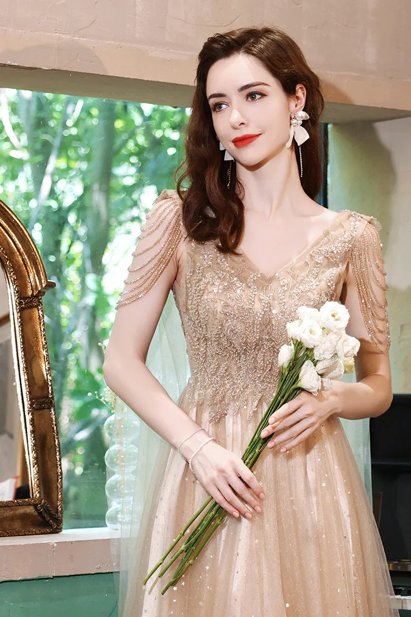 Sequin V Neck Golden Glitter High Split Evening Gown