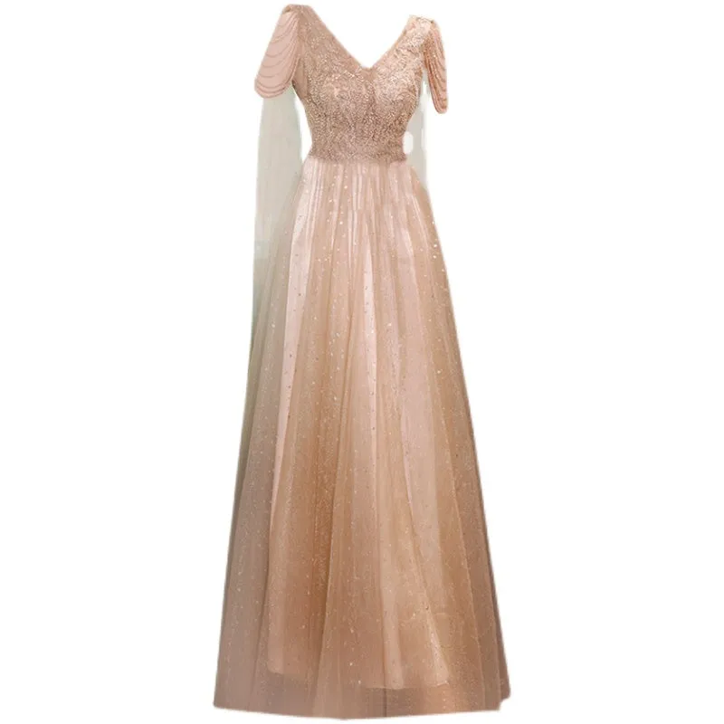 Sequin V Neck Golden Glitter High Split Evening Gown