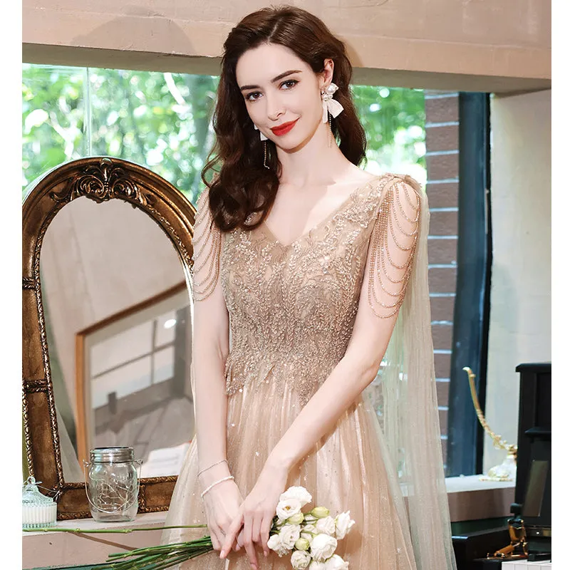 Sequin V Neck Golden Glitter High Split Evening Gown