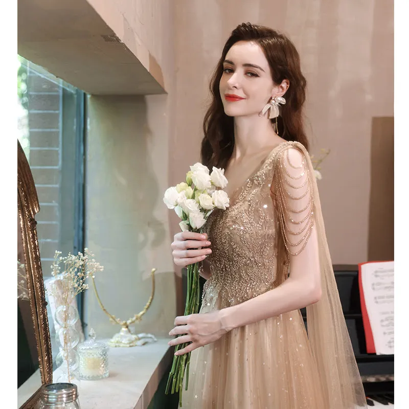 Sequin V Neck Golden Glitter High Split Evening Gown