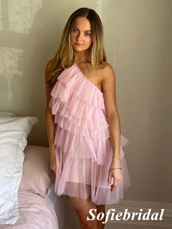 Sexy Pink Tulle Halter A-Line Mini Dresses/ Homecoming Dresses, HD0273