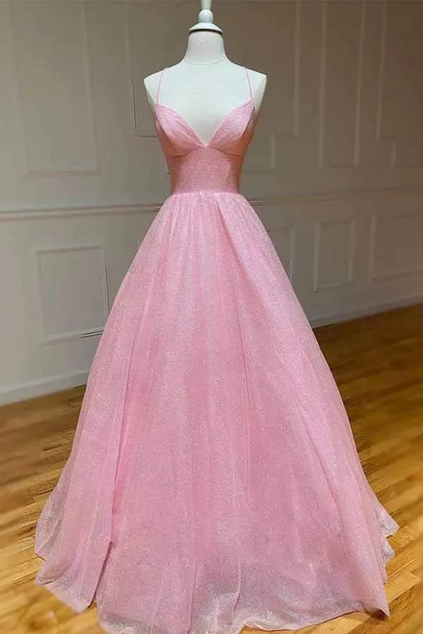 Shiny Tulle A-line Spaghetti Straps Prom Dresses, Long Formal Dresses, MP664
