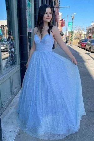 Shiny Tulle A-line Spaghetti Straps Prom Dresses, Long Formal Dresses, MP664