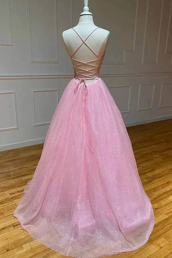 Shiny Tulle A-line Spaghetti Straps Prom Dresses, Long Formal Dresses, MP664