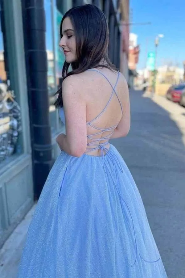 Shiny Tulle A-line Spaghetti Straps Prom Dresses, Long Formal Dresses, MP664