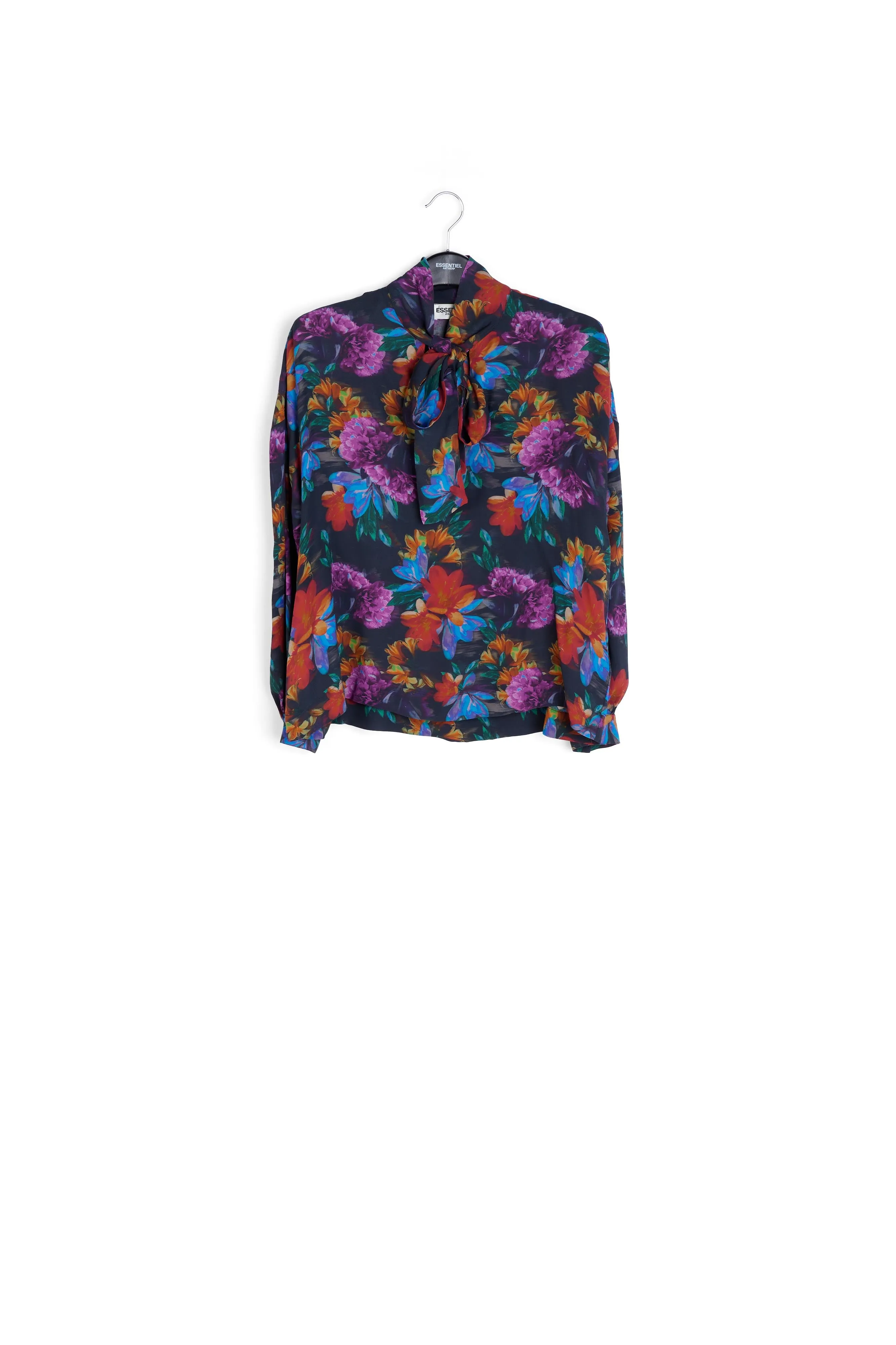 Shirt with bow and anthracite grey, blue and orange floral print