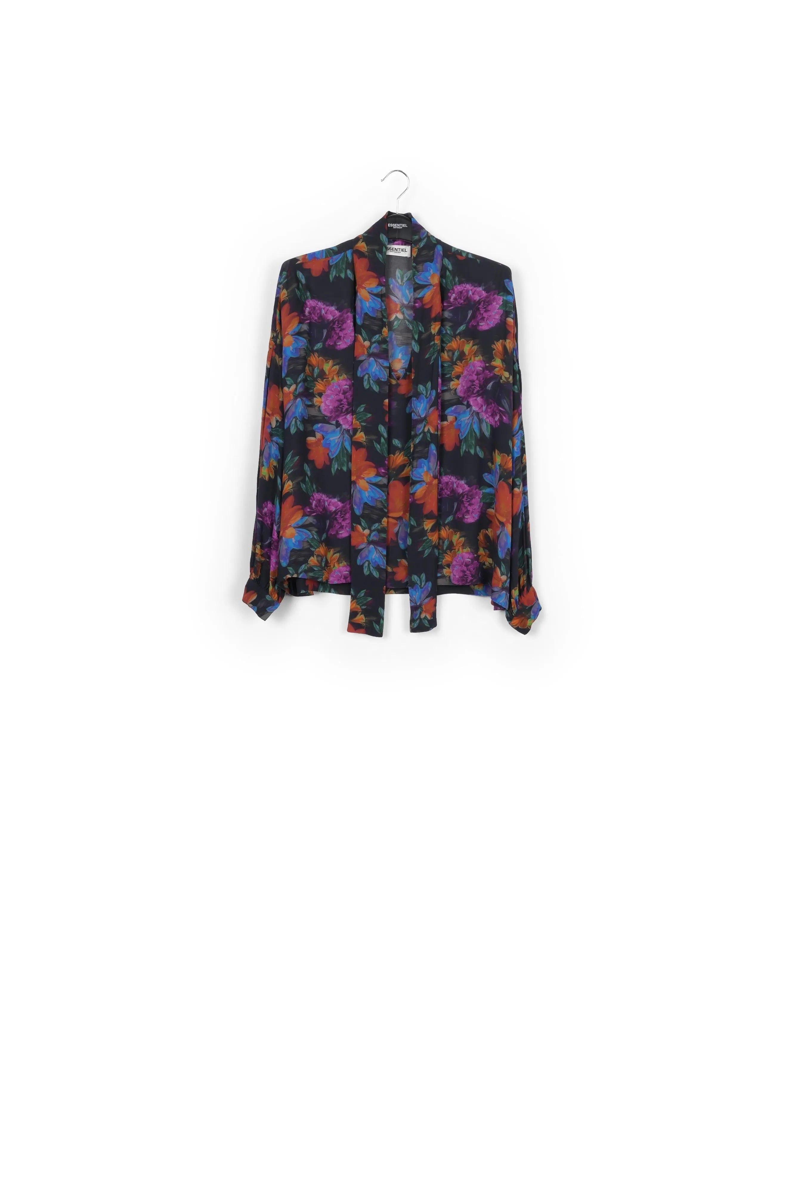 Shirt with bow and anthracite grey, blue and orange floral print