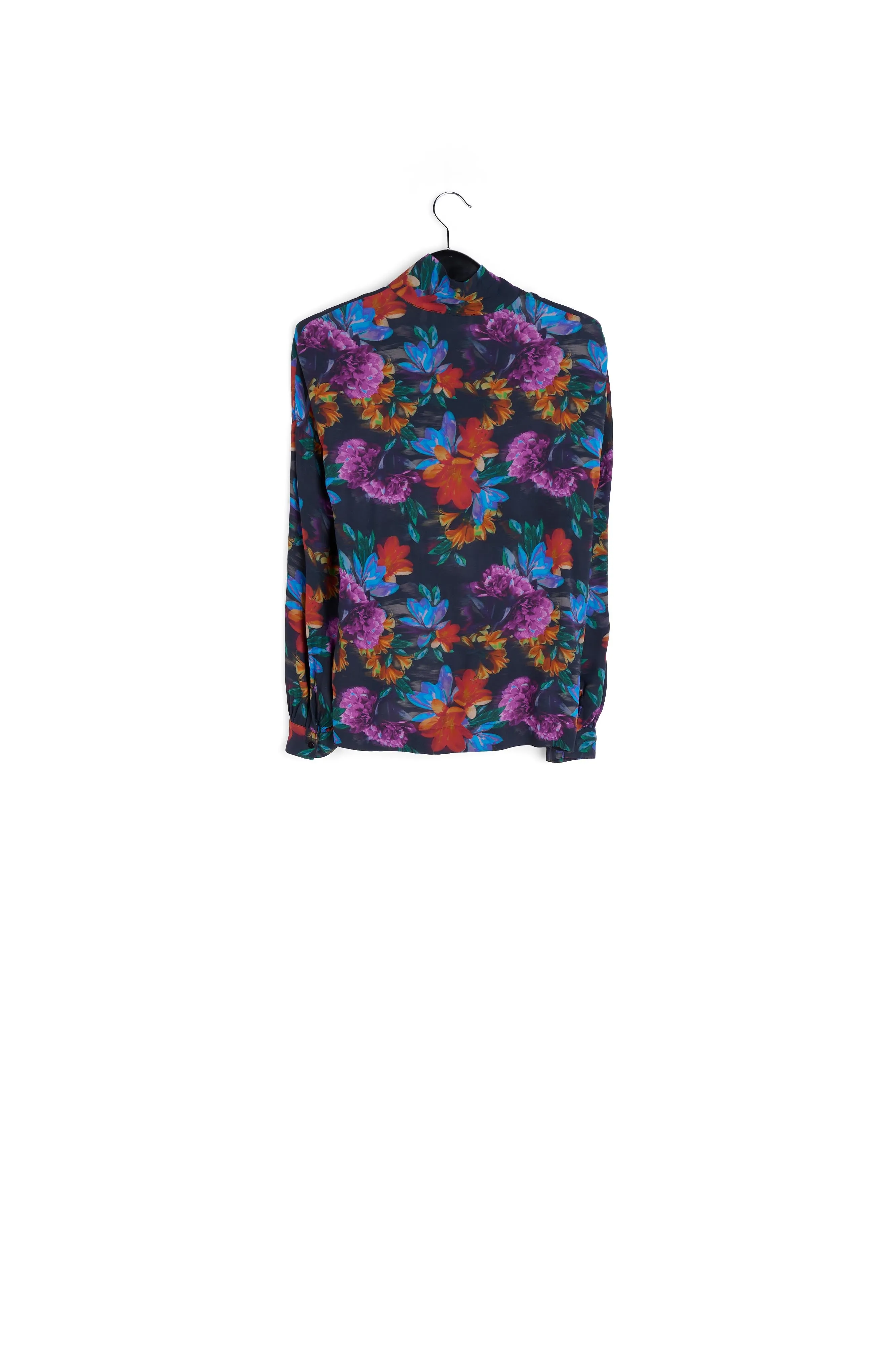 Shirt with bow and anthracite grey, blue and orange floral print